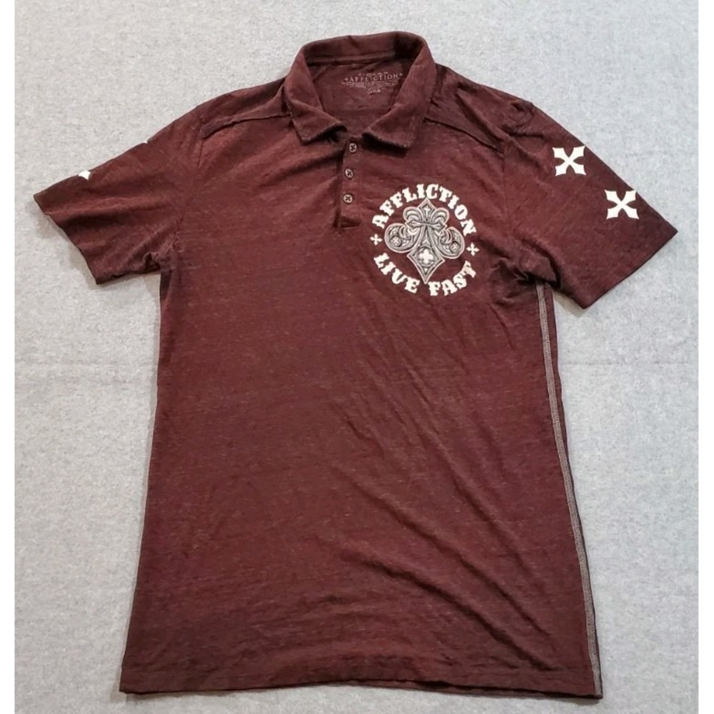 Affliction Men's Maroon Collar Short Sleeve‎ Shirt Size Large, Live Fast